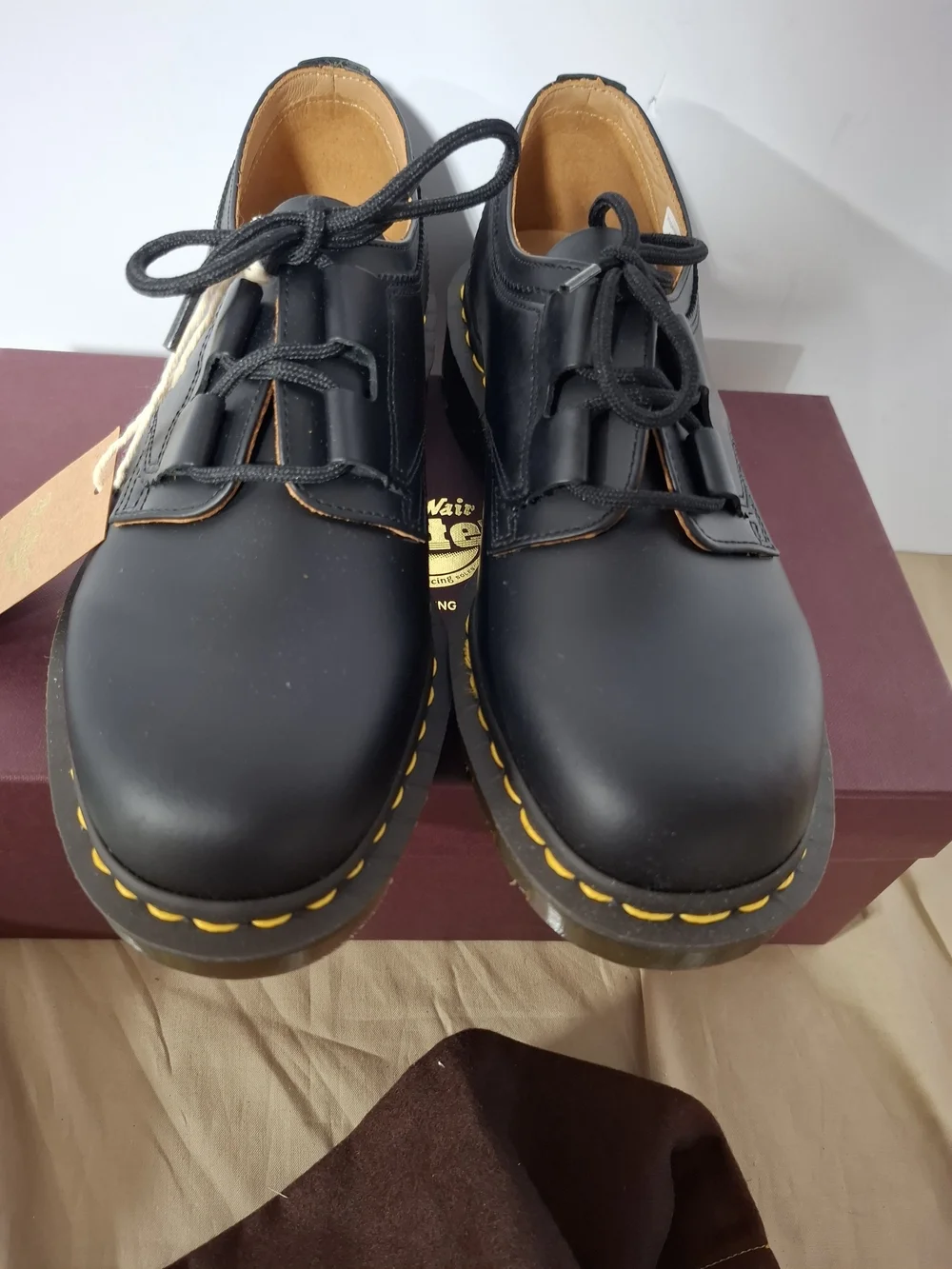 Dr. Martens Black Leather Oxfords with Yellow Stitching